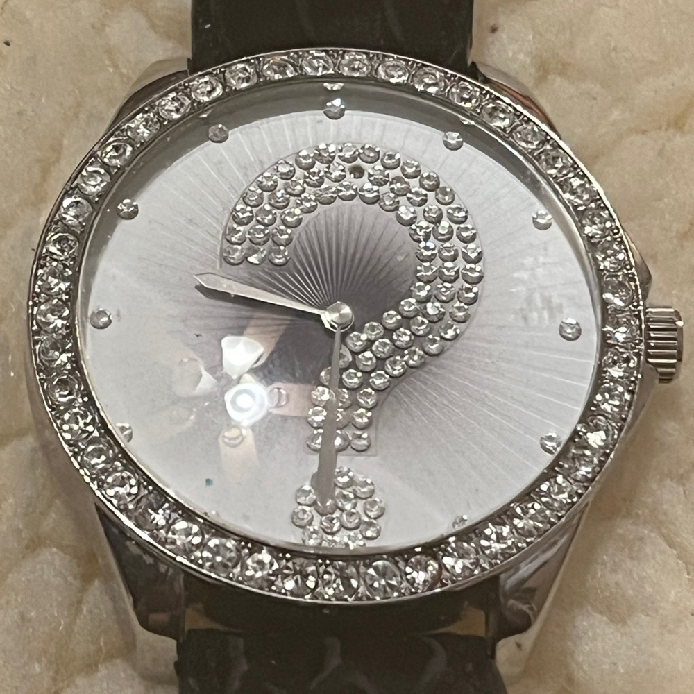 Crystal Question Mark Dial Watch — Silver & Black - Leather Straps ‼️WORKS‼️